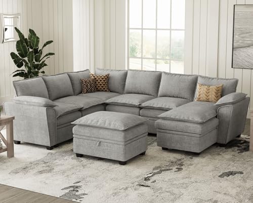 Belffin Convertible Sectional Sofa with Chaise Chenille L Shaped Sofa Couch Modular Sectional Sofa with Storage Chenille Grey