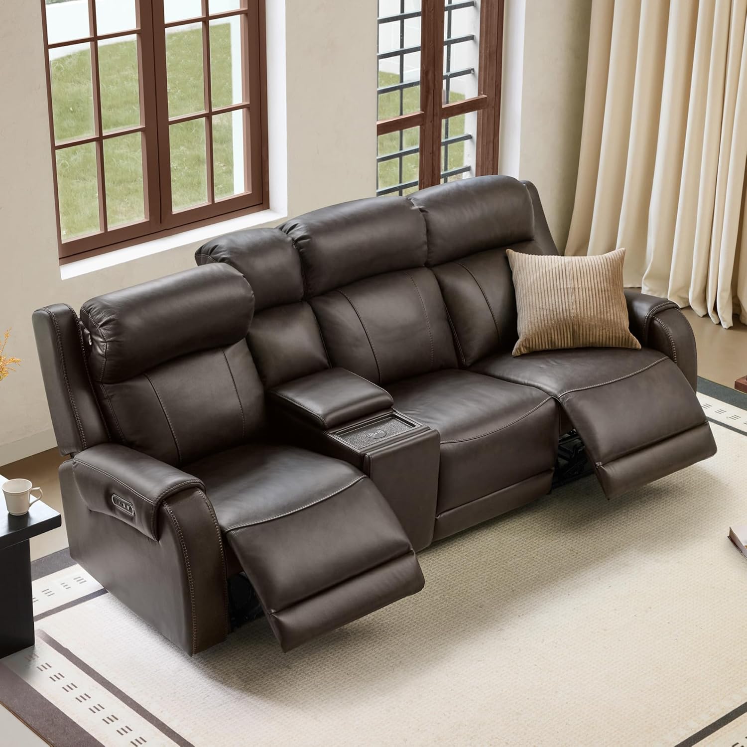 CHITA Genuine Leather Power Recliner Sofa, Wall Hugger Reclining Loveseat with Power Headrest, Dual Motor, USB Charging Ports, Recliner Couch for Living Room, RV, Leather in Saddle