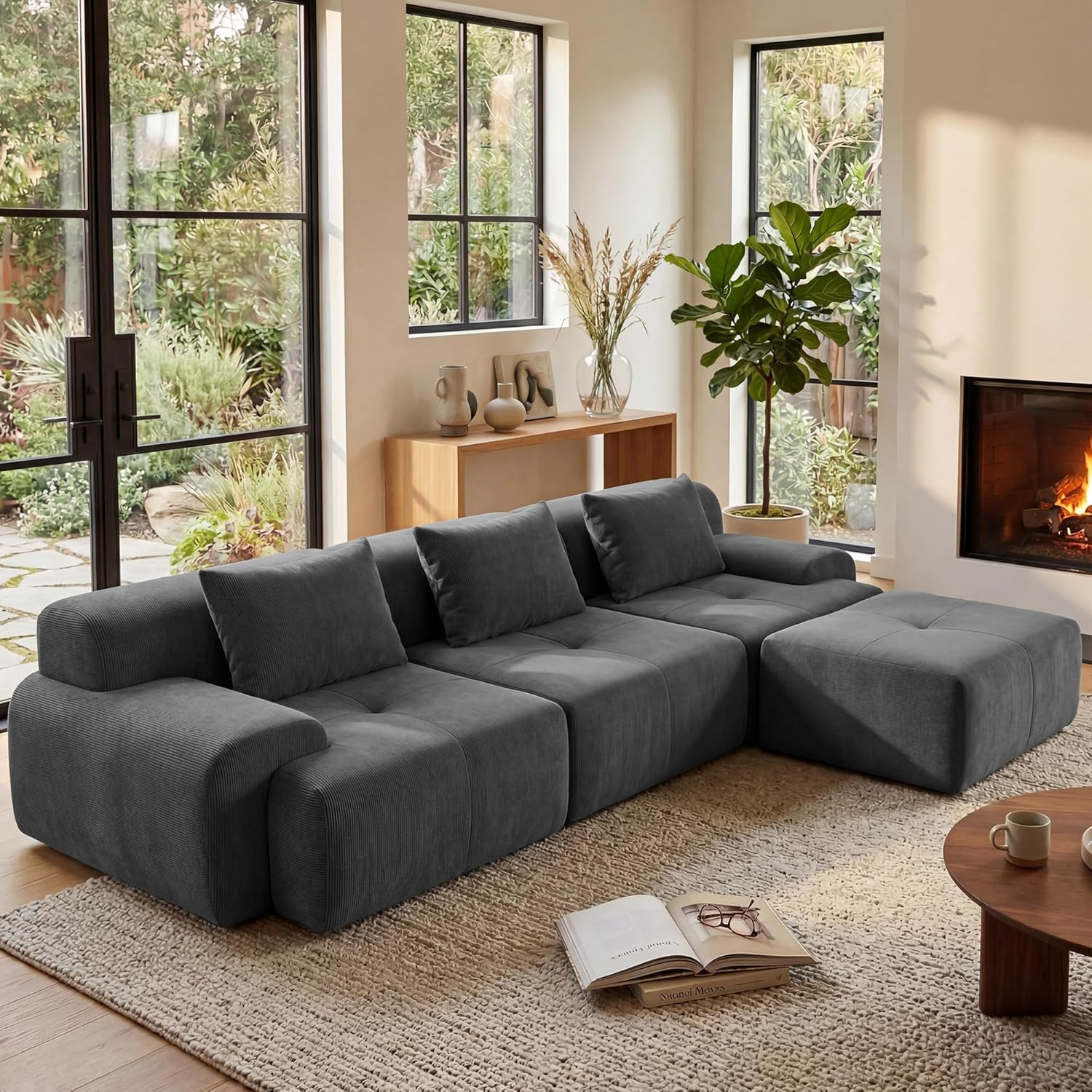 GRUSIGN 108'' Modular Sectional Boneless Sofa, Tufted Sectional Couches for Living Room,Oversized L Shape Deep Seat Sofa with Ottoman & 3 Throw Pillows,Corduroy Cloud Couch,Green