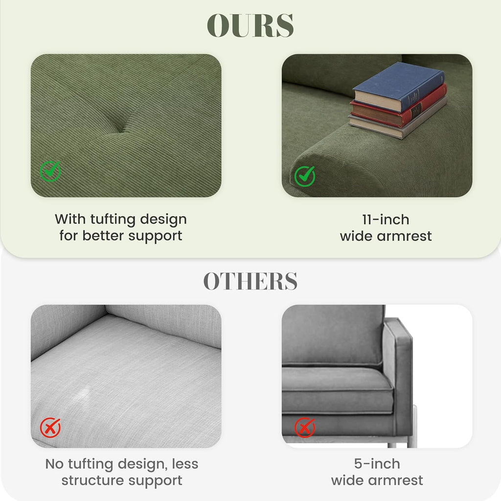 GRUSIGN 108'' Modular Sectional Boneless Sofa, Tufted Sectional Couches for Living Room,Oversized L Shape Deep Seat Sofa with Ottoman & 3 Throw Pillows,Corduroy Cloud Couch,Green