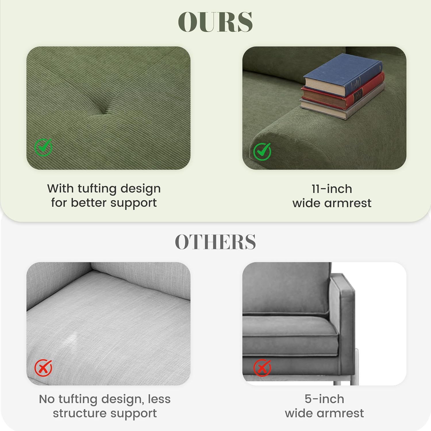 GRUSIGN 108'' Modular Sectional Boneless Sofa, Tufted Sectional Couches for Living Room,Oversized L Shape Deep Seat Sofa with Ottoman & 3 Throw Pillows,Corduroy Cloud Couch,Green