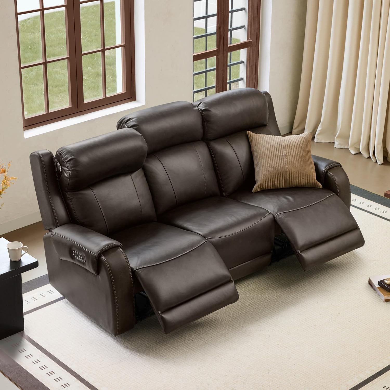 CHITA Genuine Leather Power Recliner Sofa, Wall Hugger Reclining Loveseat with Power Headrest, Dual Motor, USB Charging Ports, Recliner Couch for Living Room, RV, Leather in Saddle
