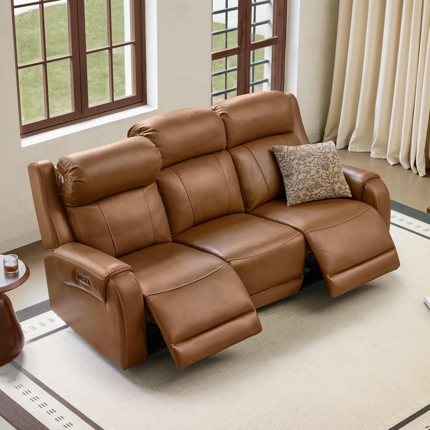 CHITA Genuine Leather Power Recliner Sofa, Wall Hugger Reclining Loveseat with Power Headrest, Dual Motor, USB Charging Ports, Recliner Couch for Living Room, RV, Leather in Saddle