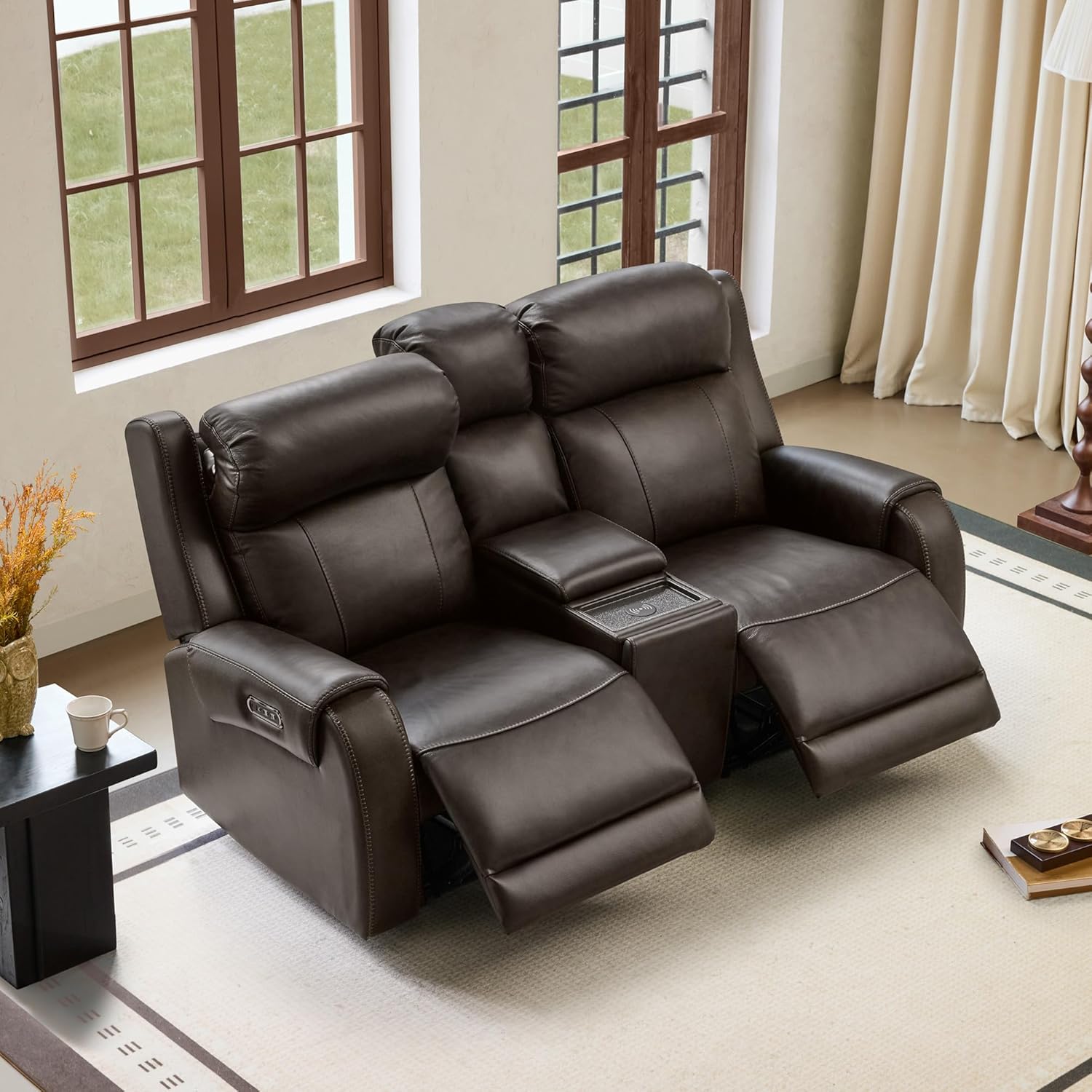 CHITA Genuine Leather Power Recliner Sofa, Wall Hugger Reclining Loveseat with Power Headrest, Dual Motor, USB Charging Ports, Recliner Couch for Living Room, RV, Leather in Saddle