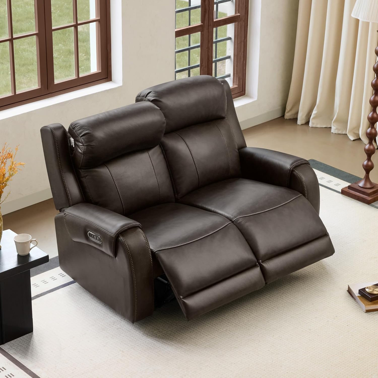 CHITA Genuine Leather Power Recliner Sofa, Wall Hugger Reclining Loveseat with Power Headrest, Dual Motor, USB Charging Ports, Recliner Couch for Living Room, RV, Leather in Saddle