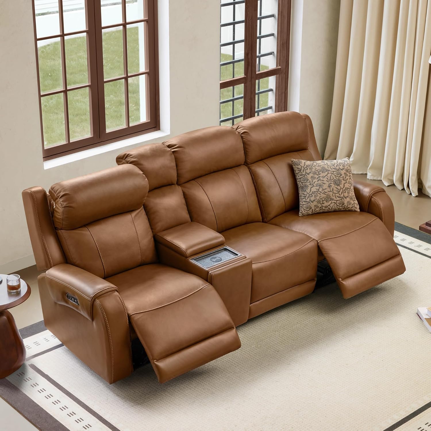 CHITA Genuine Leather Power Recliner Sofa, Wall Hugger Reclining Loveseat with Power Headrest, Dual Motor, USB Charging Ports, Recliner Couch for Living Room, RV, Leather in Saddle
