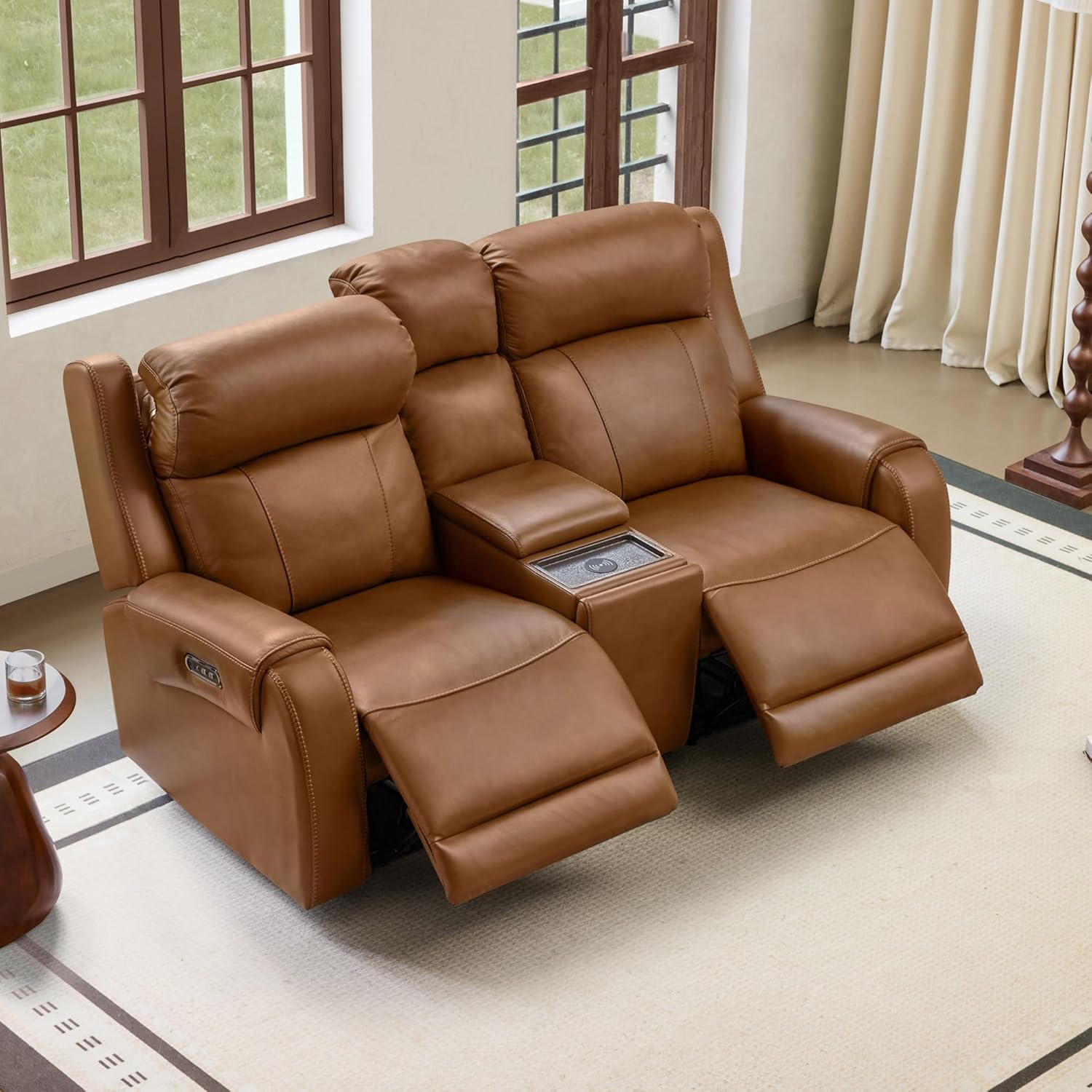 CHITA Genuine Leather Power Recliner Sofa, Wall Hugger Reclining Loveseat with Power Headrest, Dual Motor, USB Charging Ports, Recliner Couch for Living Room, RV, Leather in Saddle