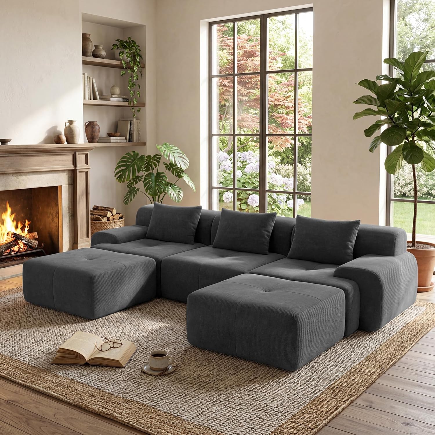 GRUSIGN 108'' Modular Sectional Boneless Sofa, Tufted Sectional Couches for Living Room,Oversized L Shape Deep Seat Sofa with Ottoman & 3 Throw Pillows,Corduroy Cloud Couch,Green
