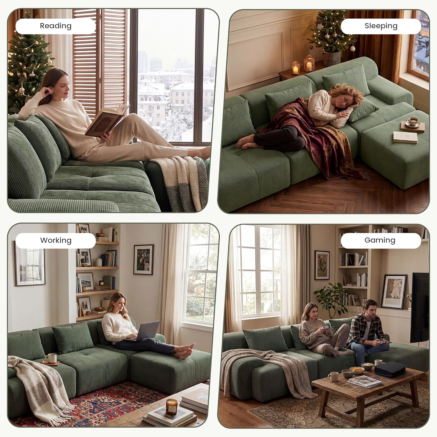 GRUSIGN 108'' Modular Sectional Boneless Sofa, Tufted Sectional Couches for Living Room,Oversized L Shape Deep Seat Sofa with Ottoman & 3 Throw Pillows,Corduroy Cloud Couch,Green