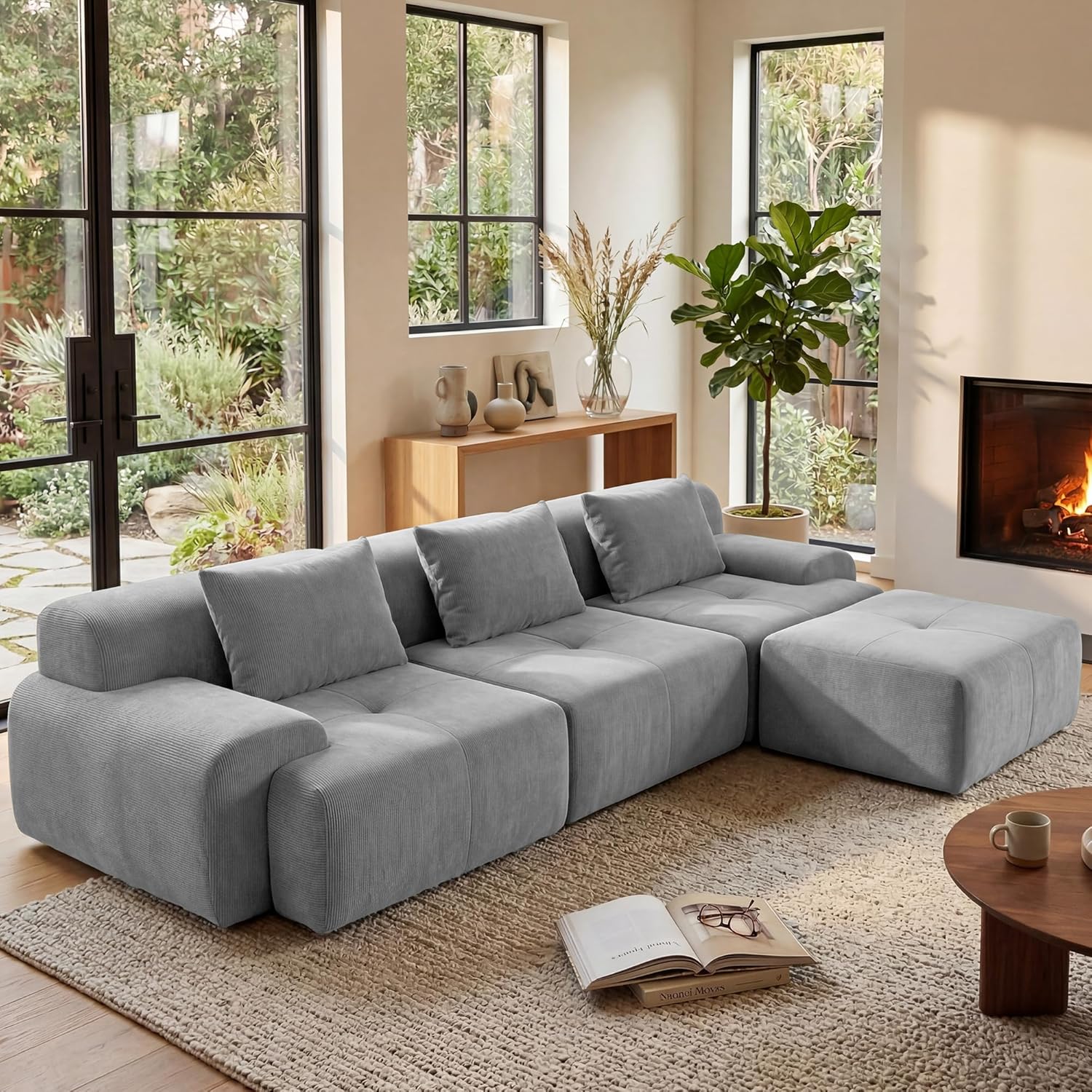 GRUSIGN 108'' Modular Sectional Boneless Sofa, Tufted Sectional Couches for Living Room,Oversized L Shape Deep Seat Sofa with Ottoman & 3 Throw Pillows,Corduroy Cloud Couch,Green